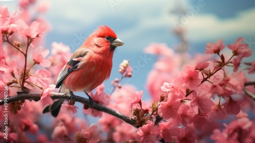 vibrant nature: bright red bird with pinky beaks perched on twig in lavender flower field