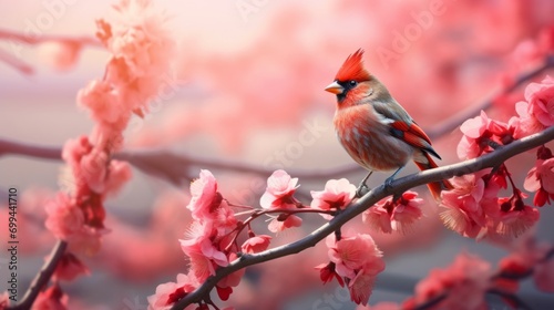 vibrant nature: bright red bird with pinky beaks perched on twig in lavender flower field photo