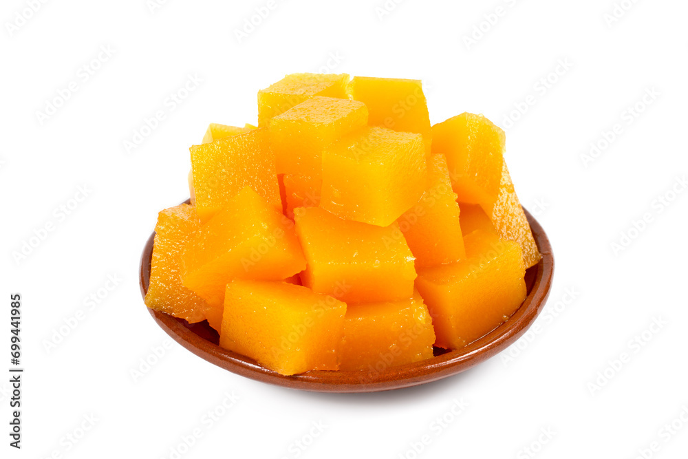Pieces of homemade marmalade on a white background. Sweet homemade jelly. Pieces of homemade marmalade on a white background. Sweet homemade jelly.