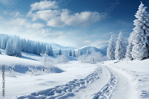 Cold winter scenery with snow-covered land and trees. Generative AI © Christopher