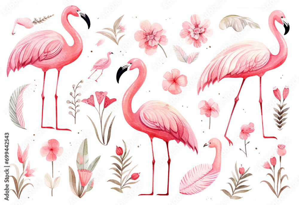 Fototapeta premium Set Of Watercolor paintings Flamingo on white background.