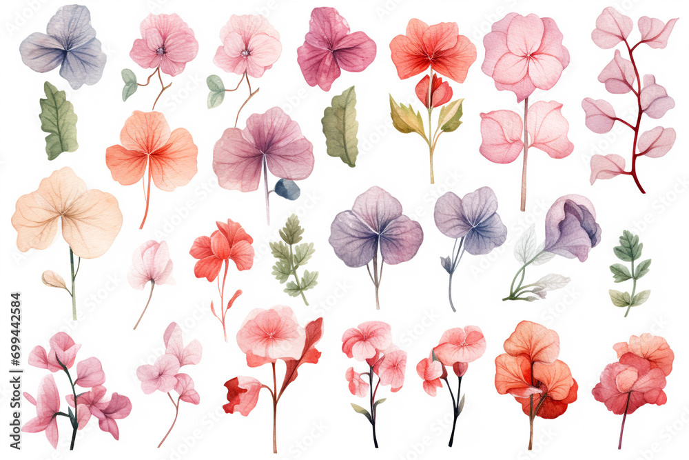 Watercolor painting Begonia symbols on a white background. 