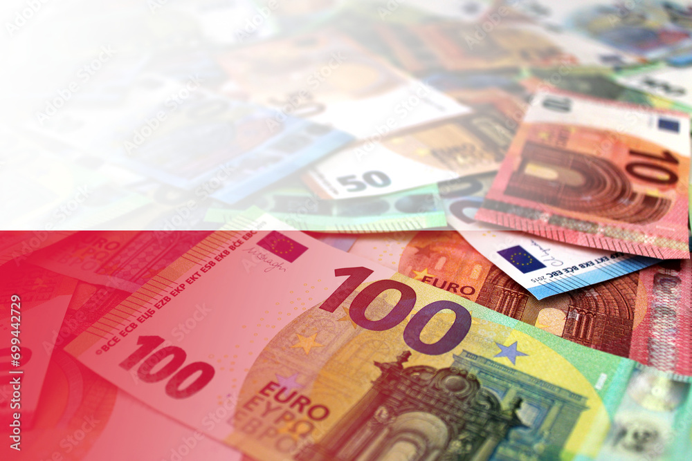 Obraz premium Euro banknotes colored in the colors of the flag of Poland. Gradient overlay of the Polish flag on the euro notes.
