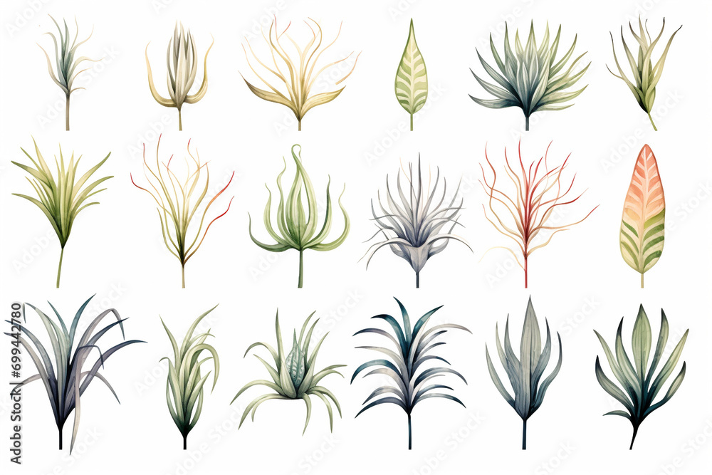 Set Of Watercolor paintings house air plants on white background. 