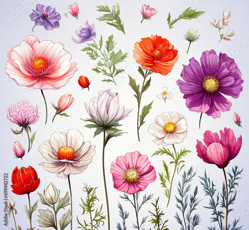 Watercolor paintings Cosmos flower symbols On a white background. 