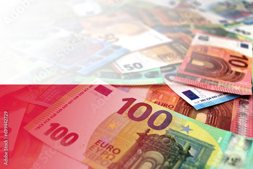 Euro banknotes colored in the colors of the flag of Poland. Gradient overlay of the Polish flag on the euro notes.
