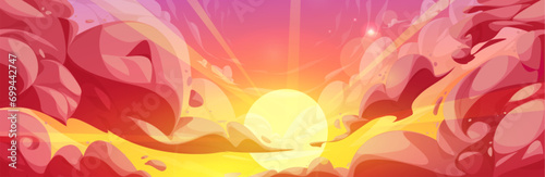 Sunset or sunrise yellow and pink gradient color sky with anime fluffy clouds. Cartoon vector background of cloudy heaven with bright sun shining. Calm air panoramic landscape with curve haze.