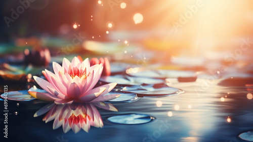 Waterlily or lotus flower in mourning lake in sunlight photo