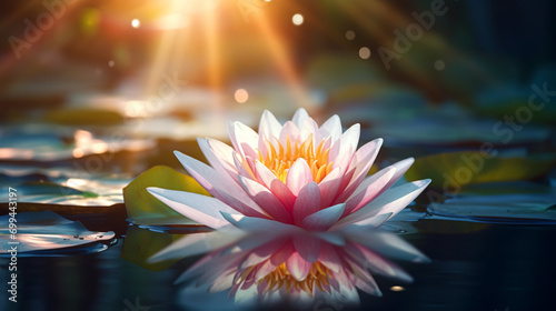 Waterlily or lotus flower in mourning lake in sunlight