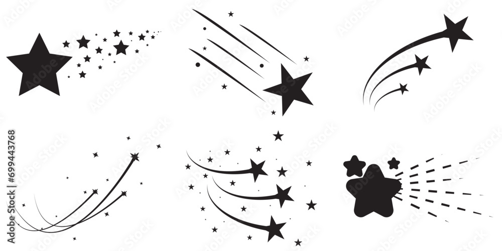 Shooting star. Shooting stars with tails icons, falling meteor, abstract fantasy galaxy element, decorative night sky object silhouette. Vector isolated set - obrazy, fototapety, plakaty 