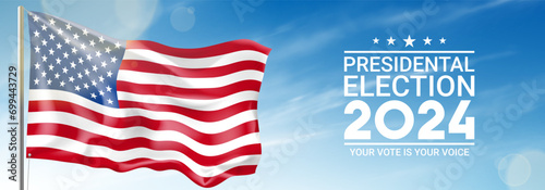2024 presidential election banner. Promo banner for presidential election 2024 with waving USA flag and cloudy sky. Vote day, November 5. Vector illustration for US Election 2024 campaign