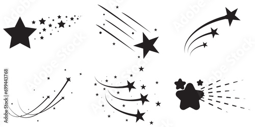 Shooting star. Shooting stars with tails icons, falling meteor, abstract fantasy galaxy element, decorative night sky object silhouette. Vector isolated set photo