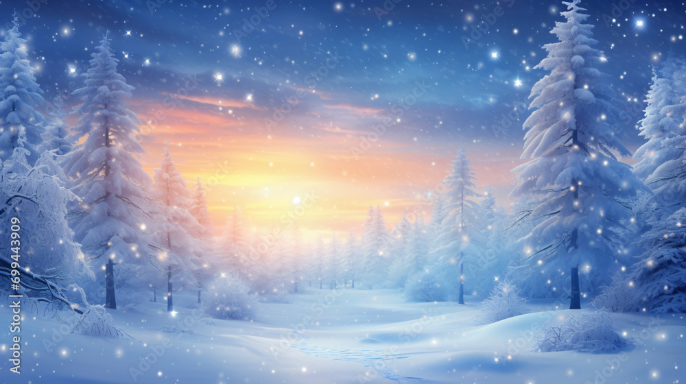 Winter snowy magic forest illustration for Christmas