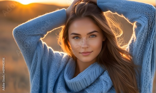 Closeup portrait of beautiful young woman with long brown hair wearing blue sweeter on sunset background photo