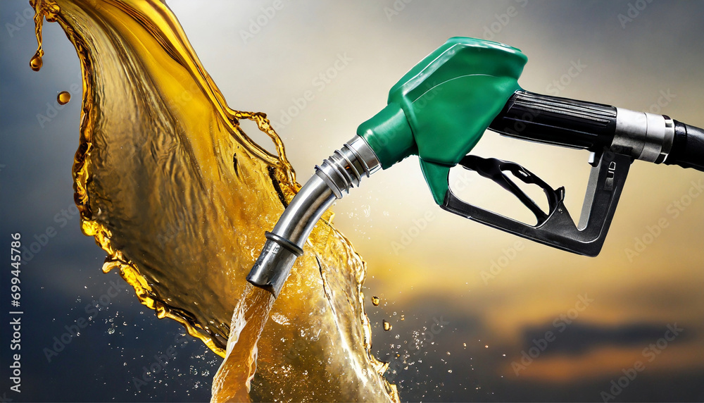oil and gas pump nozzle, liquid flowing out, splashing liquid in the background blurred; petroleum and gasoline concept - obrazy, fototapety, plakaty 