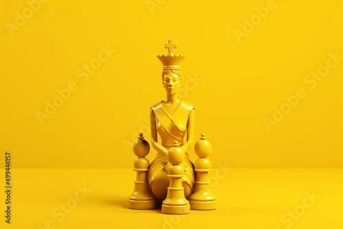 Realistic chess queen on bright yellow background for a minimal creative battle concept. 3D-rendered illustration. Generative AI photo