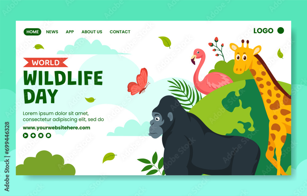 Fototapeta premium Wildlife Day Social Media Landing Page Cartoon Hand Drawn Templates Background Illustration
