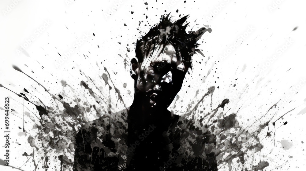 conceptual portrait of man with streaking paint. symbolic image reflecting depression, anxiety, and emotional stress for use in health and wellness publications