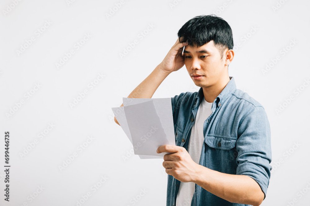 An Asian man, looking depressed and nervous, holds a document indicating financial accounts, clearly troubled and upset over bills. Studio shot on white. over bill An Asian man, looking depressed and nervous, holds a document indicating financial accounts, clearly troubled and upset over bills. Studio shot on white. over bill