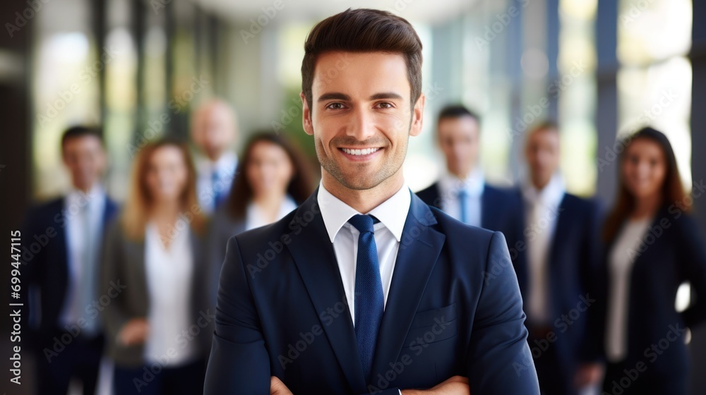 Confident businessman with friendly smile stands with team at his side in office. Confident businessman with friendly smile stands with team at his side in office.