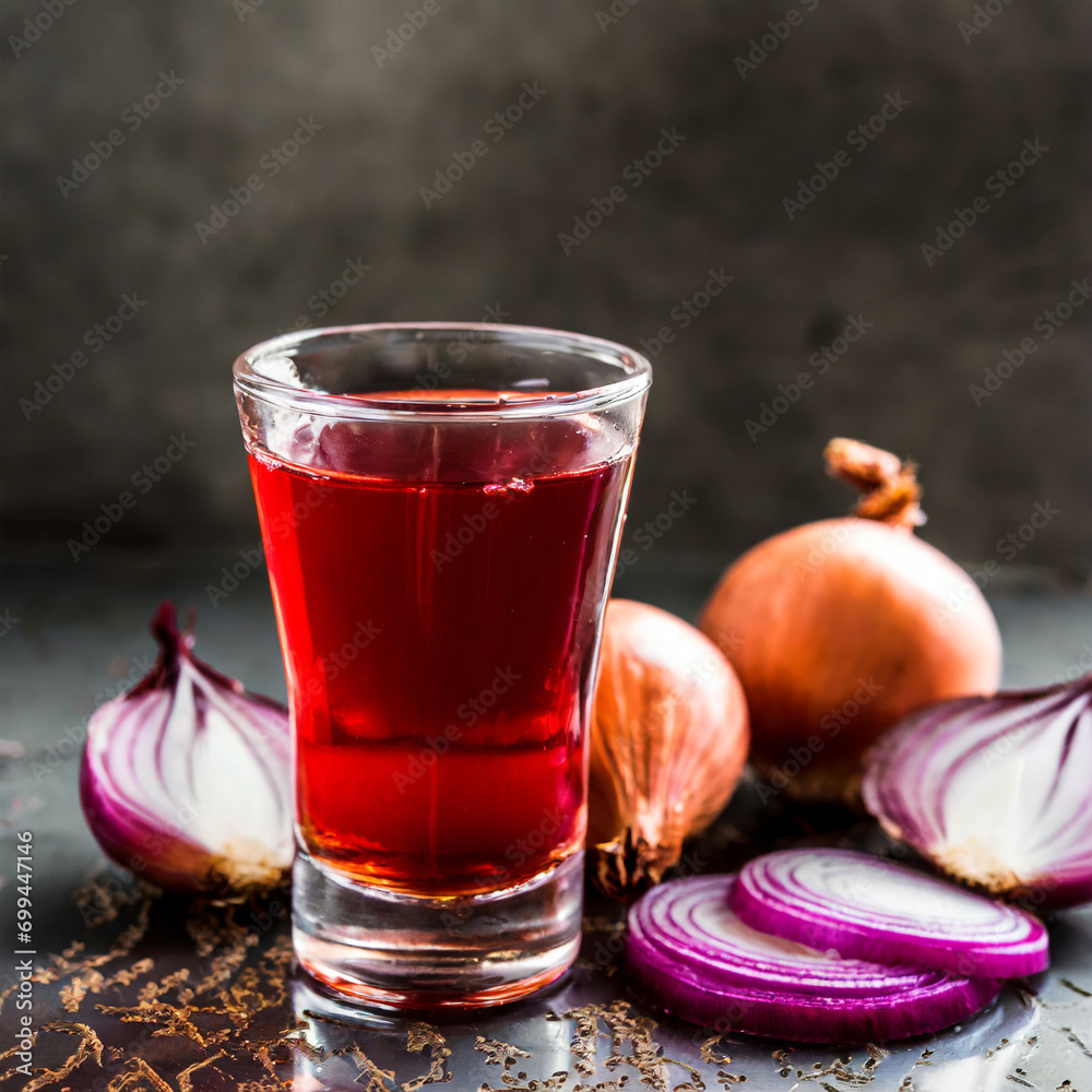 medicinal onion juice/syrup in a glass with raw onions. selective focus medicinal onion juice/syrup in a glass with raw onions. selective focus
