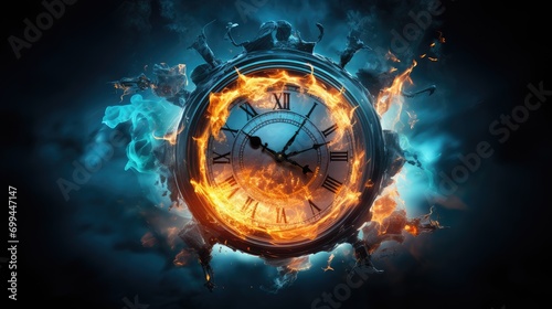 explosive moment captured with burning clock and floating fragments. artistic image symbolizing time passing, historical moments, and urgent deadlines for editorial use photo