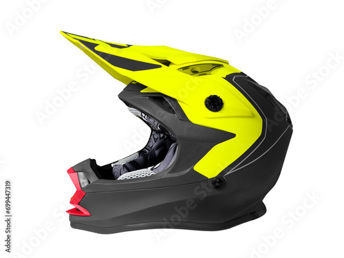 Offroad motocross helmet isolated on white background. Side view of full face color helmet for downhill mountain bike racing. Extreme sport equipment isolated