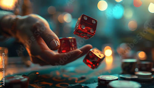 hand throws dice in casino background 