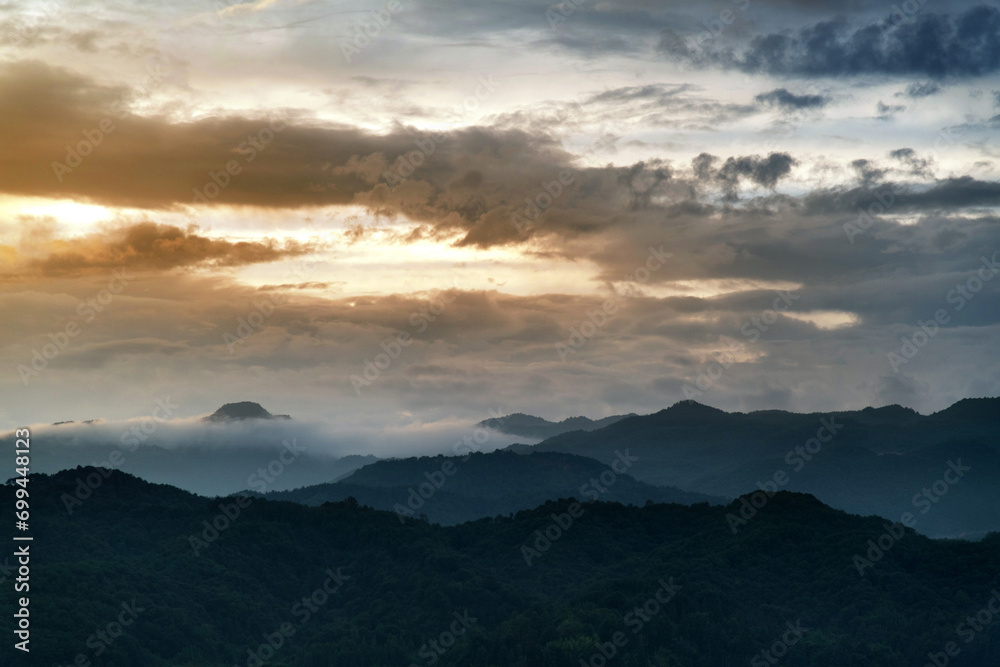 Landscape of mountains at sunset