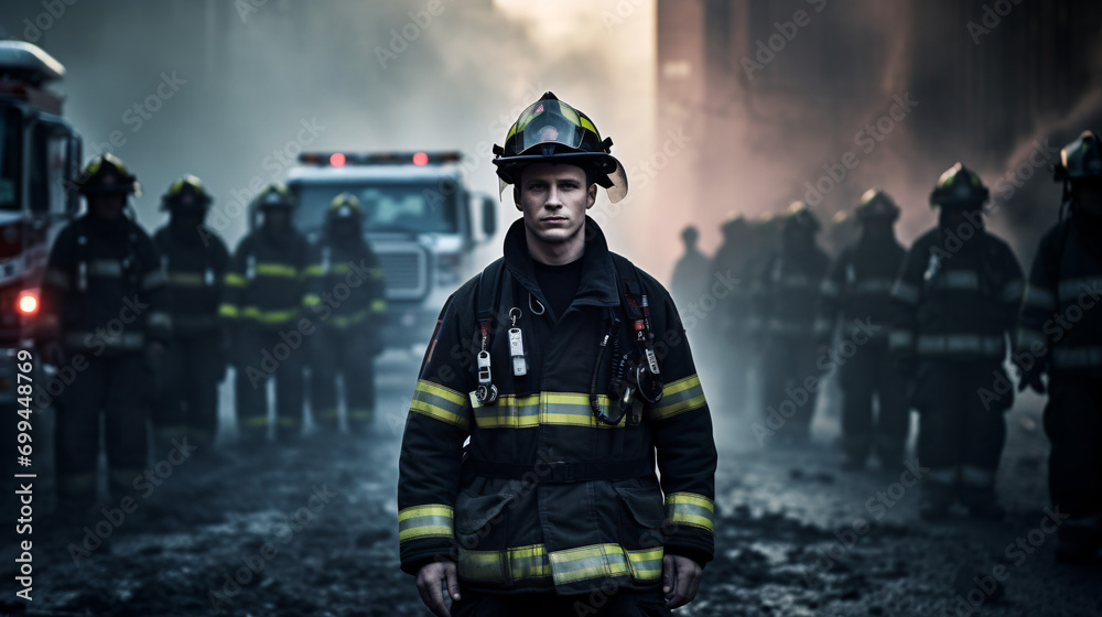 A sad firefighter standing in solitude in front of his team in the background A sad firefighter standing in solitude in front of his team in the background