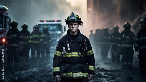 A sad firefighter standing in solitude in front of his team in the background