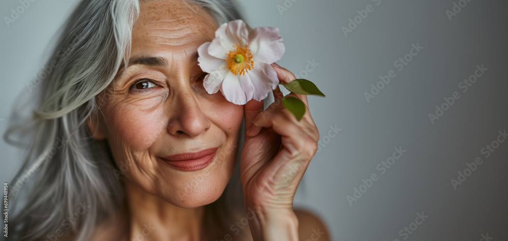 Portrait of a beautiful elderly woman with grey hair with a flower, smiling looking at camera, showing aging skin with fine lines and pigmentation, Asian ethnicity, closeup photo Portrait of a beautiful elderly woman with grey hair with a flower, smiling looking at camera, showing aging skin with fine lines and pigmentation, Asian ethnicity, closeup photo