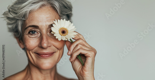 Closeup photo of elderly beautiful woman with grey hair and fine lines smiling looking at camera, mature model, copy space photo on light background