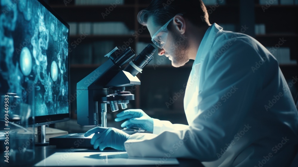 Laboratory scientist in a white coat and blue gloves working at a microscope in a laboratory Laboratory scientist in a white coat and blue gloves working at a microscope in a laboratory