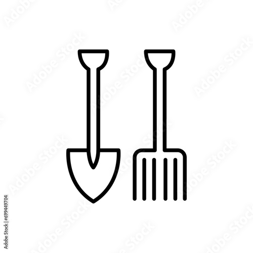 Shovel and rake outline icons, minimalist vector illustration ,simple transparent graphic element .Isolated on white background