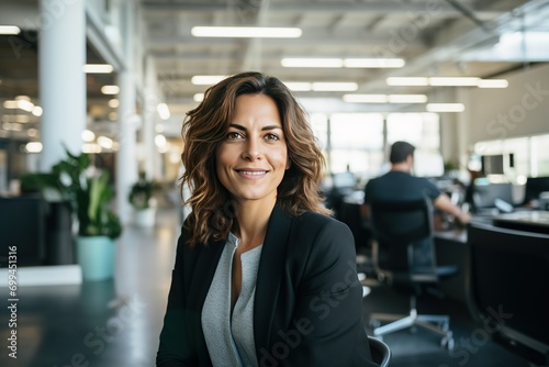 An executive woman in a sleek office chair, smiling warmly as she gazes at the camera amidst a contemporary office environment photo