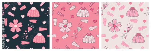 Seamless pattern with love flowers, petals with lettering and hearts. Each pattern is isolated. Nice print for cover, clothes, Valentines day card, wallpaper.  Vector illustration. Set. Not AI created