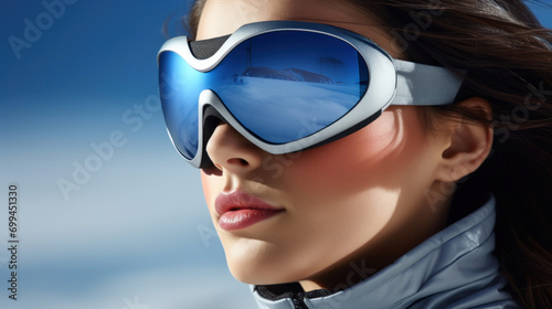 Close-up of a woman wearing ski goggles reflecting a clear blue sky and snowy mountain, symbolizing winter sports and adventure.