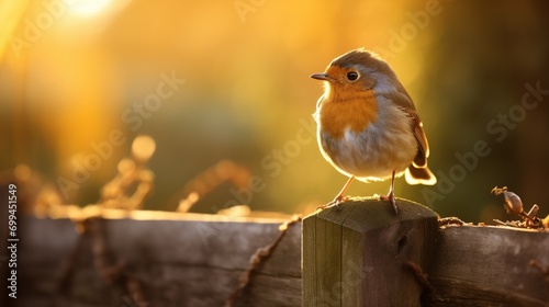 A cheerful robin on a sunlit fence post, its feathers capturing the warm glow of the early morning sunlight photo