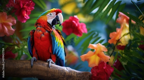 A colorful parrot perched on a tropical tree branch, surrounded by lush foliage and exotic flowers
