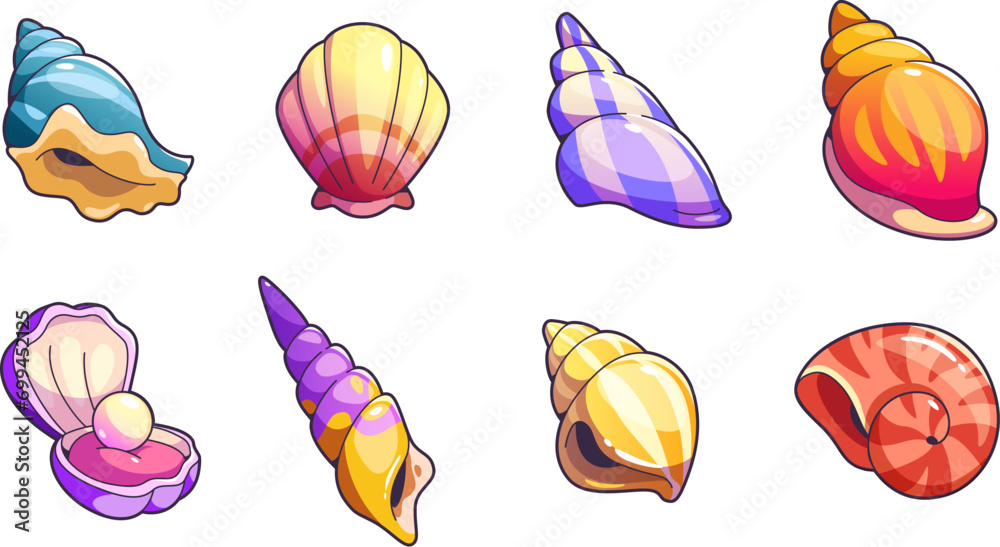 Naklejka premium Sea shell and vessels game assets set. Cartoon vector illustration collection of cute marine underwater seashell for rpg gui design. Colorful nautical or aquarium spiral and scallop conch with pearl