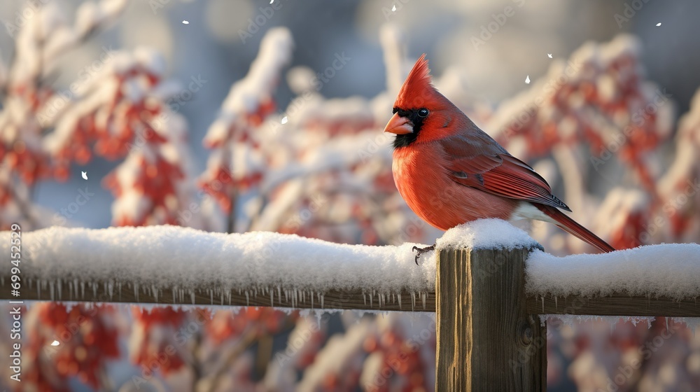 A detailed portrayal of a cardinal perched on a snow-covered fence post, capturing the crispness of a winter morning - obrazy, fototapety, plakaty 