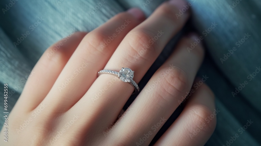 Joyful moment: close-up of young woman flaunting diamond ring, symbolizing happiness and marriage proposal Joyful moment: close-up of young woman flaunting diamond ring, symbolizing happiness and marriage proposal