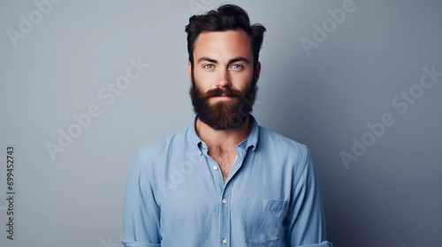 A bearded man dressed casually in a blue shirt shows off his good looks as he stands in a studio against a white backdrop 