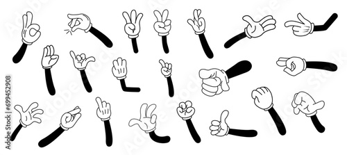 Vintage retro hands in gloves and feet in shoes. Comic retro feet and hands in different poses. Isolated mascot character elements of 1920 to 1950s.