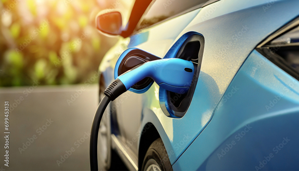 close up, EV charge nozzle with LED light, plugged into modern Electric vehicle for recharging the battery; alternative energy; save environment sustainably close up, EV charge nozzle with LED light, plugged into modern Electric vehicle for recharging the battery; alternative energy; save environment sustainably