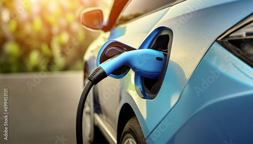 close up, EV charge nozzle with LED light, plugged into modern Electric vehicle for recharging the battery; alternative energy; save environment sustainably photo