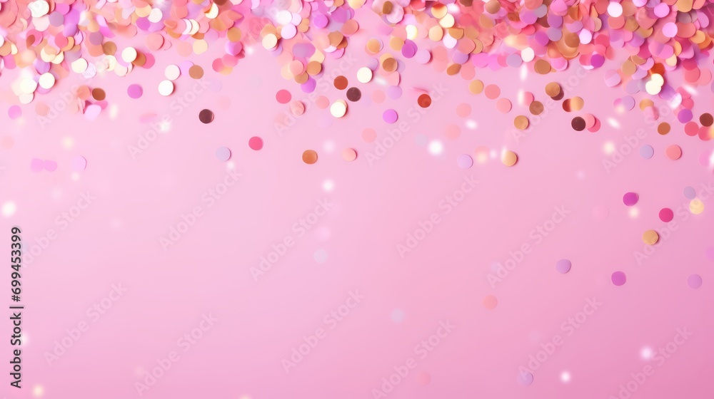 Vibrant confetti and sparkles on pink pastel background - festive frame with copy space, celebration concept Vibrant confetti and sparkles on pink pastel background - festive frame with copy space, celebration concept