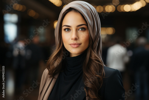 Muslim female CEO or Chief Executive Officer running a large corporation as boss.  photo