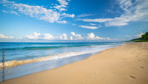 tropical beach scene  azure ocean  sunny sky  and sandy shore  evoking relaxation and serenity